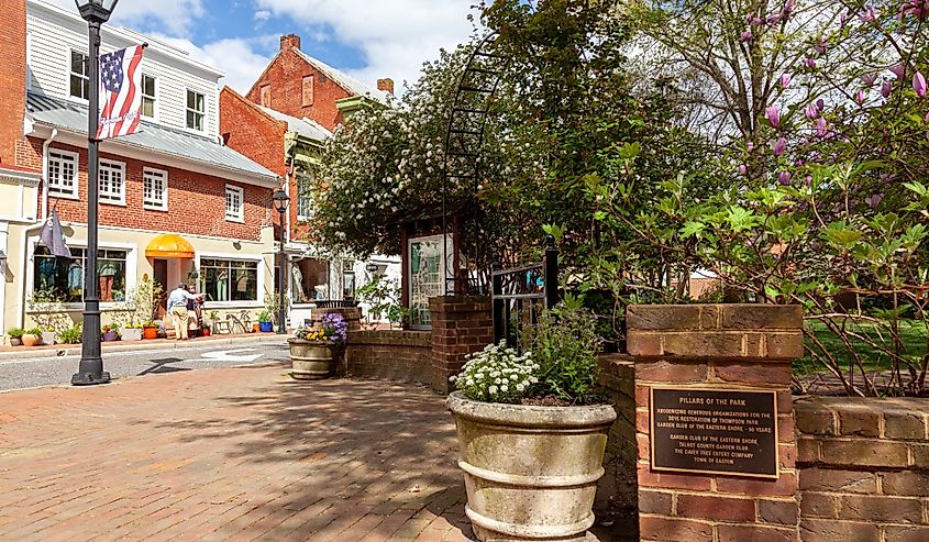 View from the Thompson Park and the City center of the historic town of Easton, the seat of Talbot County on the Eastern shore of Maryland. Brick historic buildings