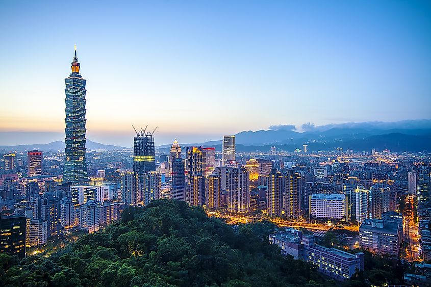 The skyline of Taipei, the largest city in Taiwan.
