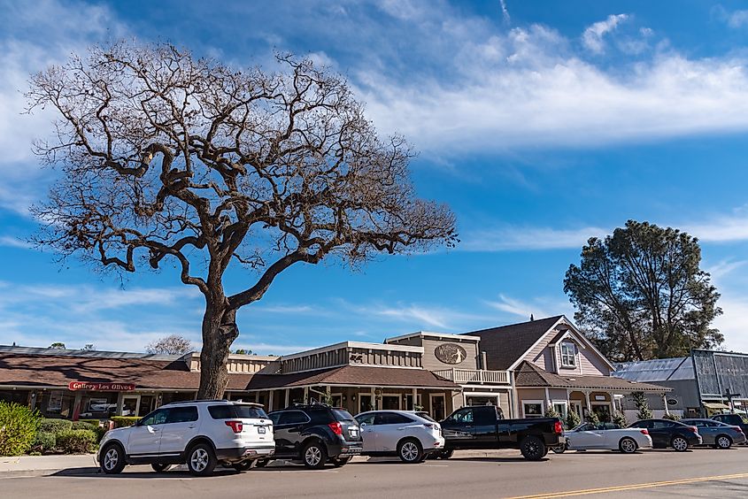 Cars angle parked and the facade of store fronts in Los Olivos, California: small American city in California in the wine region.
