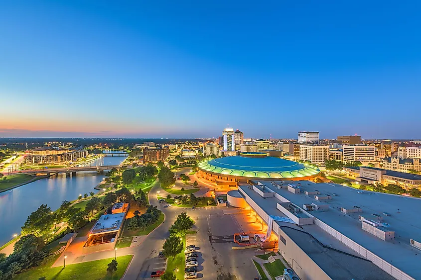 Wichita, Kansas, downtown skyline at dusk. 