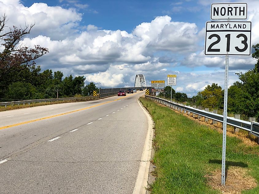 MD 213 northbound approaching the Chesapeake City Bridge over the Chesapeake & Delaware Canal