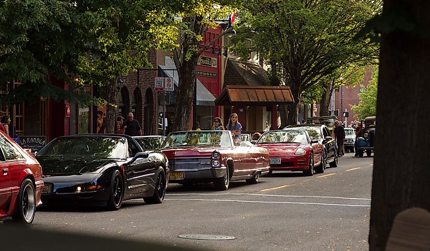 A vintage car rally in the center of downtown Mcminnville, Oregon