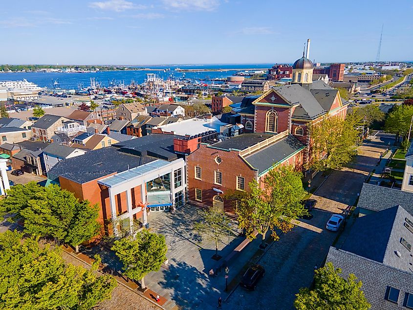 Aerial view of New Bedford Whaling Museum building in New Bedford Whaling National Historical Park in historic downtown of New Bedford, Massachusetts