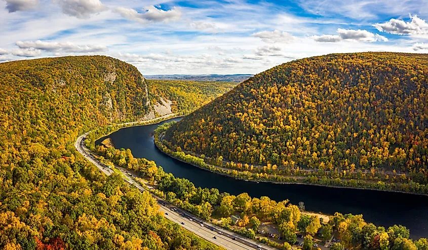The Delaware Water Gap with fall colors.