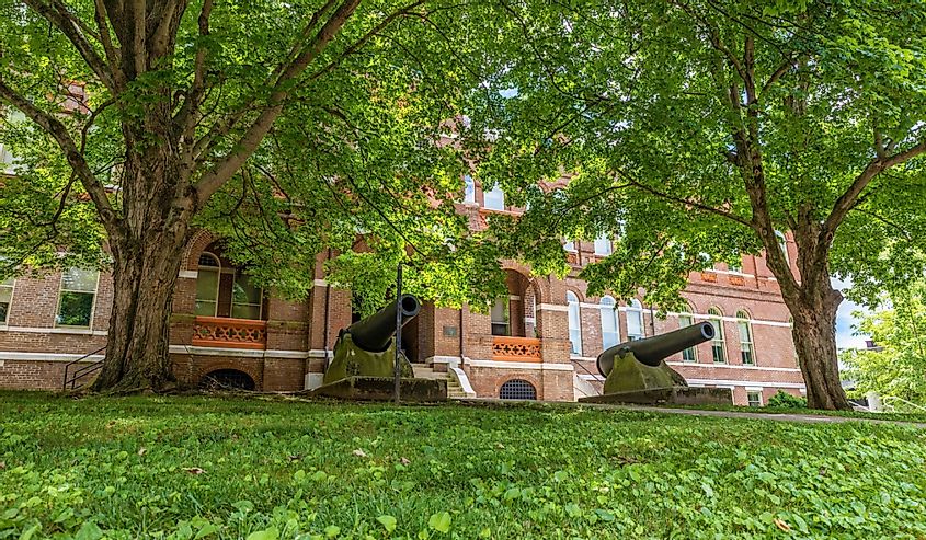 Two cannons sit on the lawn of the Knox County Courthouse downtown Knoxville.