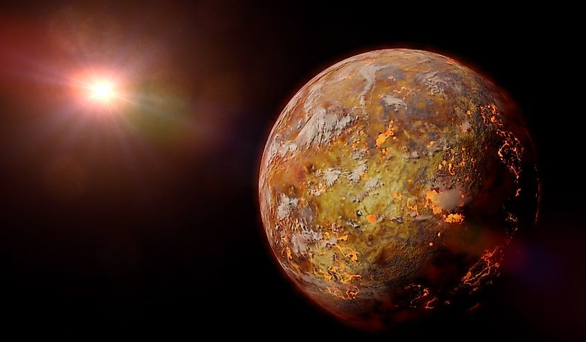 alien planet with lava streams lit by a bright and hot star
