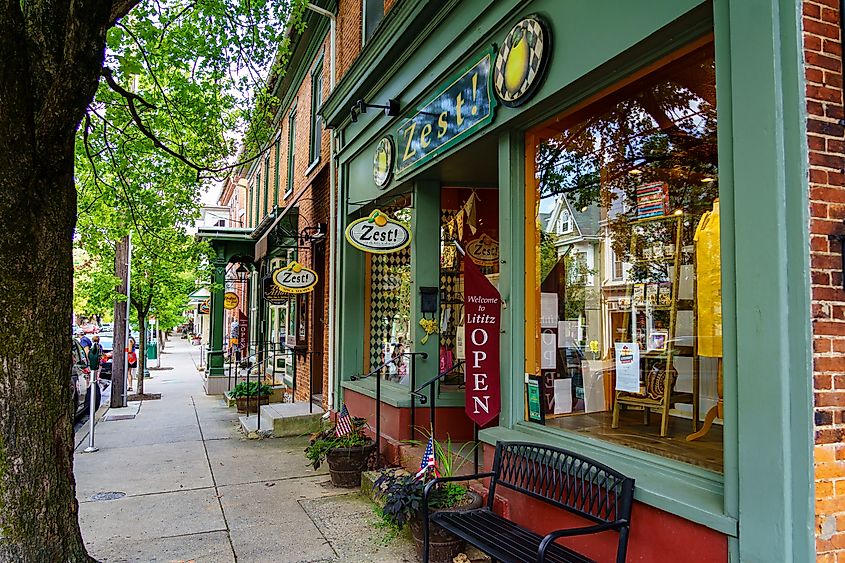 Lititz, Pennsylvania: Downtown Lititz, featuring small shops and restaurants.