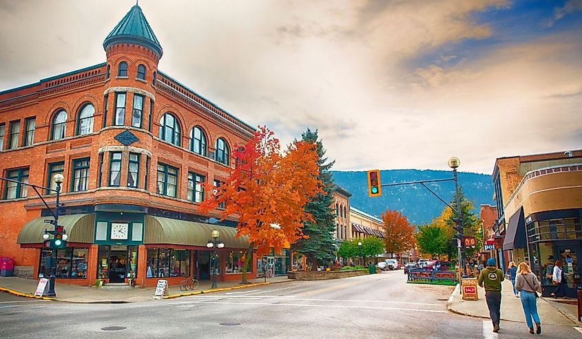 The historic buildings with businesses, shops and cafes along Baker Street in the town center of Nelson, BC, Canada,