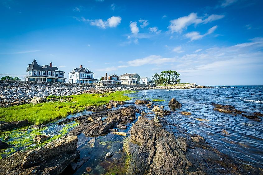 Rocky coast and beachfront homes at Concord Point, in Rye, New Hampshire.