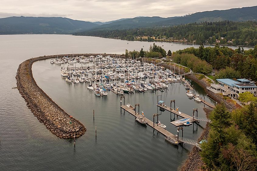 Aerial View of John Wayne Marina, Sequim, Washington.