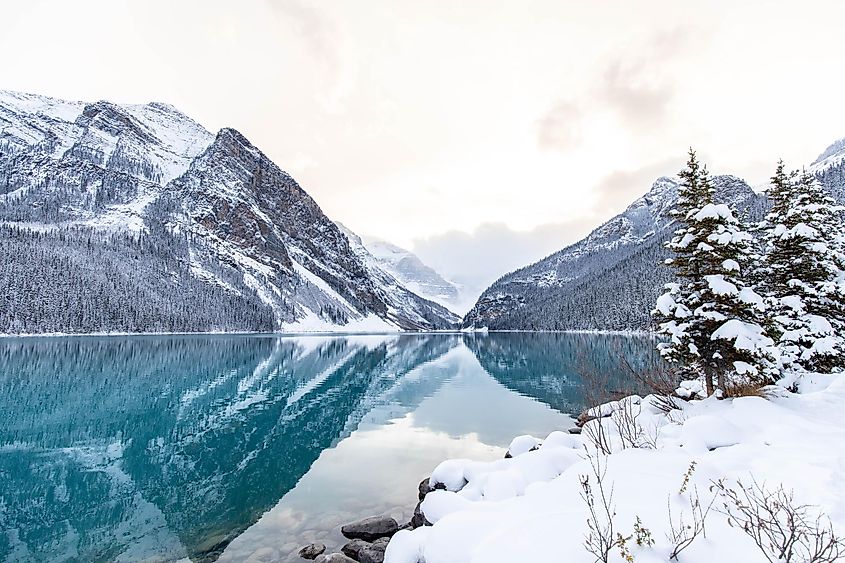 The beautiful view of Lake Louise in winter.