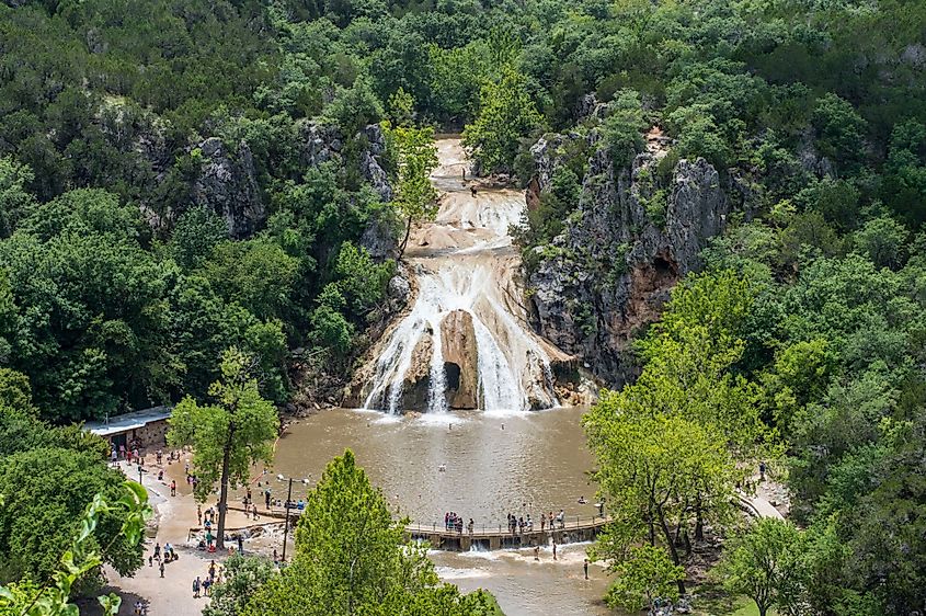 Aerial view of the breathtaking Turner Falls on a bright summer sunny day in Davis, Oklahoma.