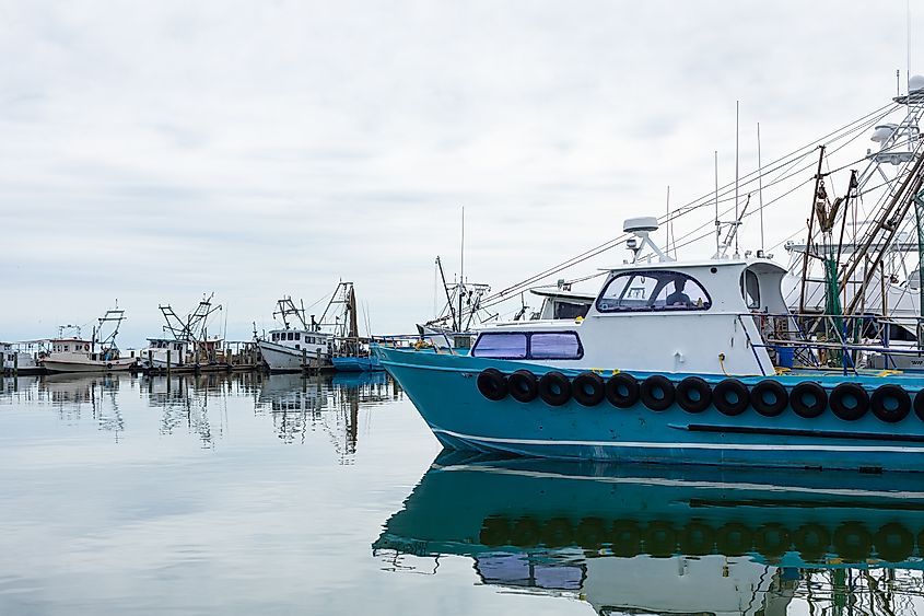 Fishing boats moored along a boatyard in Fulton, Texas