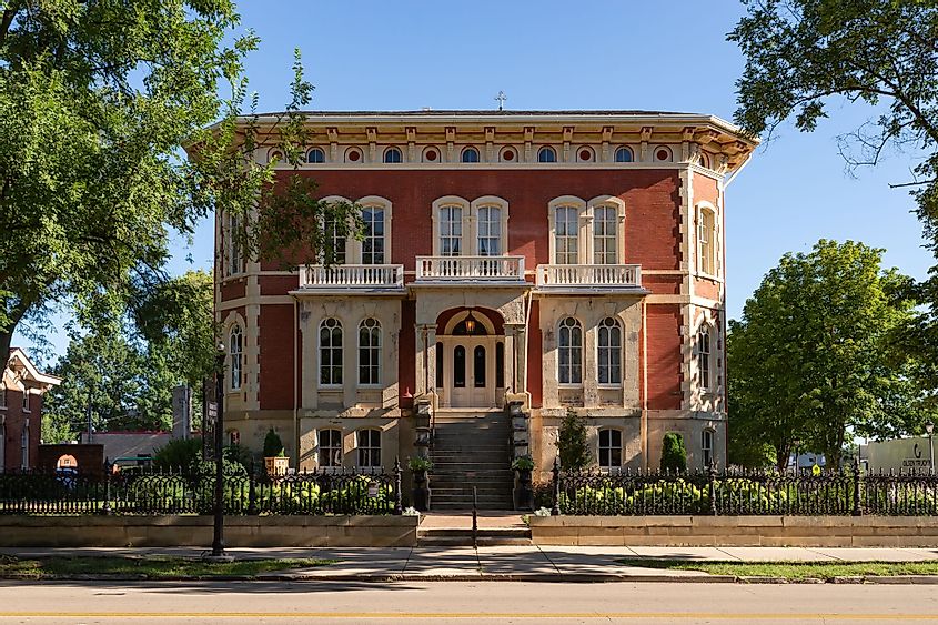 Exterior of the historic Reddick Mansion built in 1855, on a beautiful summer morning in downtown Ottawa, Illinois.