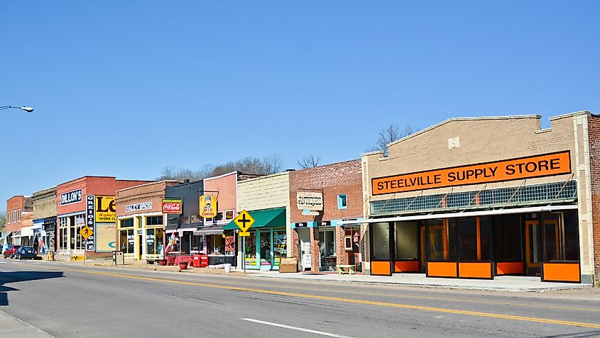 Businesses along downtown Steelville, Missouri.
