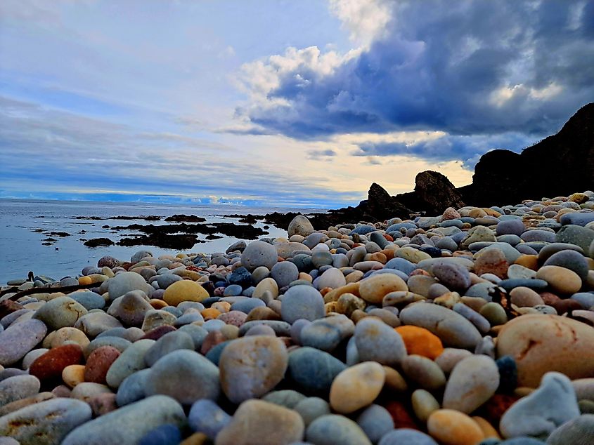 The Agate beach view with colorful stones and seascape view.
