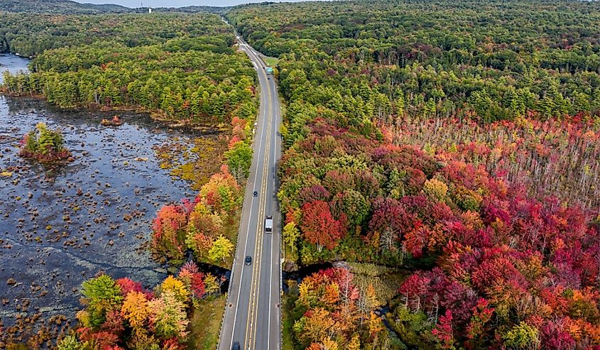 Drone image of Athol, Massachusetts and route 2 with fall foliage