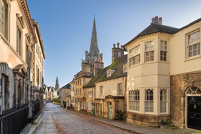 The historical market town of Stamford in Lincolnshire England, towards All Saints Church and St Marys church.