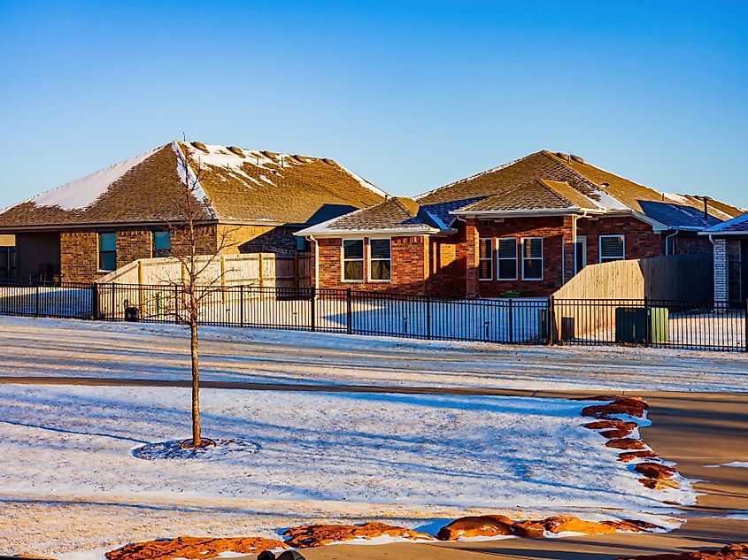Sunny view of some residence buildings after a snowstorm at Edmond, Oklahoma