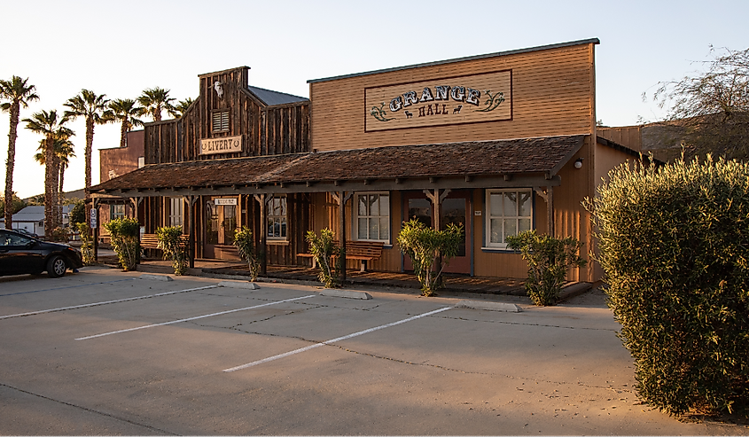 View of the Grange Hall and the Livery room at the Palm Canyon Hotel and RV Resort at Borrego Springs, California