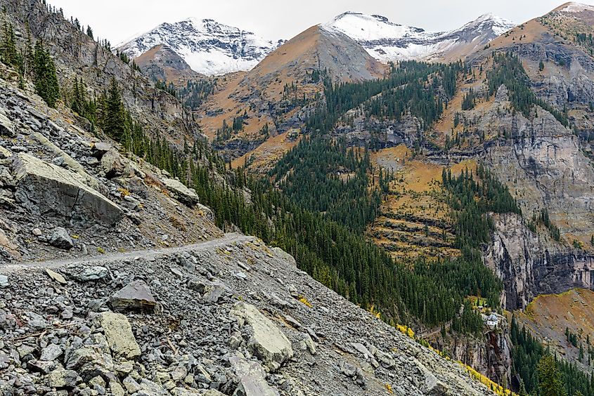 One-way four-wheel drive Black Bear Pass Trail at side of Ingram Peak, above Bridal Veil Falls