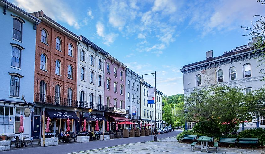 A landscape view of the shops and restaurants on West Strand Street in The Rondout, Kingston’s historic waterfront
