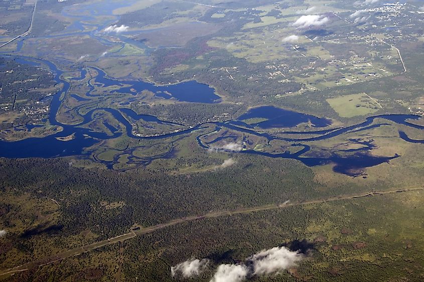 Aerial view of St. Johns River winding through central Florida