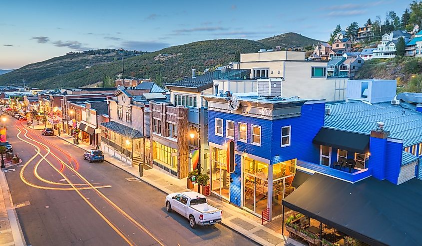 Park City, Utah, town skyline over Main Street.