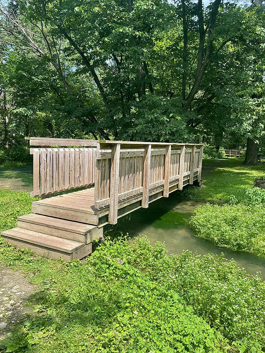 A wooden bridge over a small stream in Decorah, Iowa.