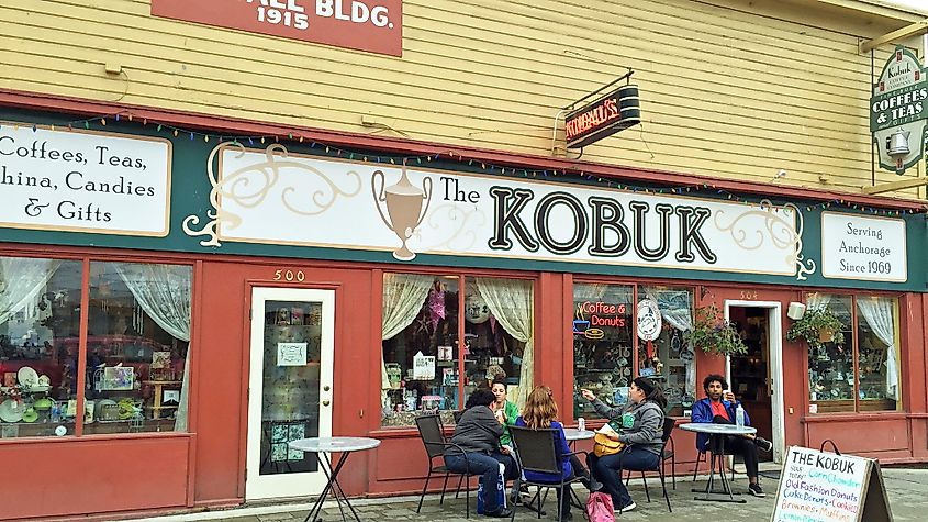 The exterior of The Kobuk café and gift shop in the historic Kimball Building, downtown Anchorage.