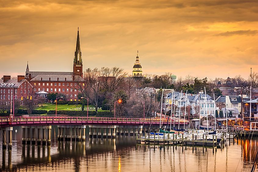 Annapolis, Maryland, USA: State House and St. Mary's Church Overlooking Annapolis Harbor and Eastport Bridge.
