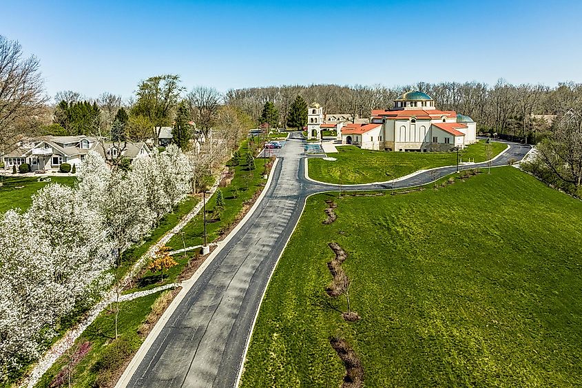 The view of St. George Orthodox Church in spring in Fisher Indiana