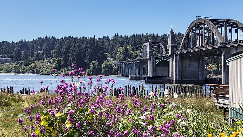 Beautiful view of Siuslaw river bridge and the river in historic old town Florence, Oregon, USA.
