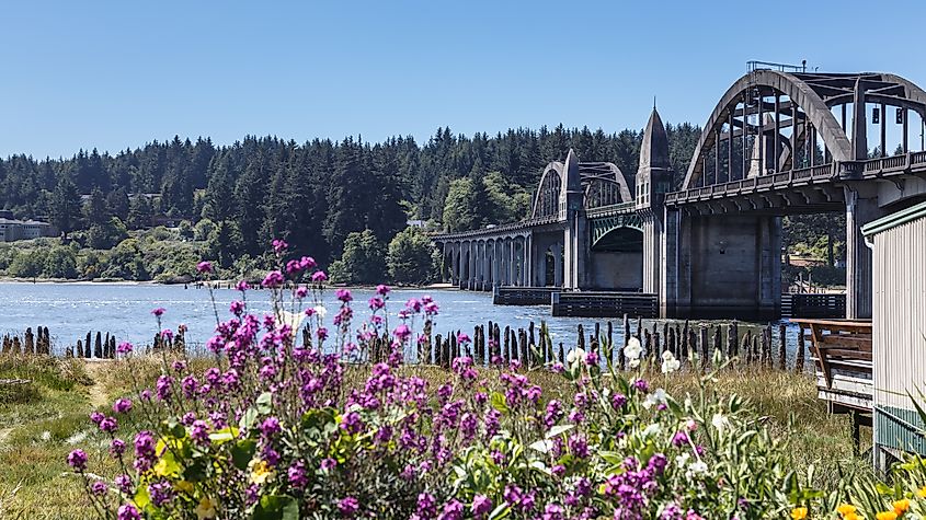 Beautiful view of Siuslaw river bridge and the river in historic old town Florence, Oregon