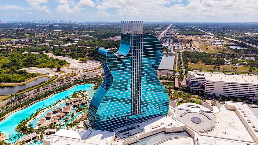 Aerial view of the New Hard Rock Casino Hotel, the iconic Guitar Hotel in Hollywood, Florida.