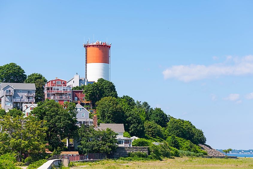 Historic Water Tower at the coast in Winthrop Head in town of Winthrop, Massachusetts, USA.