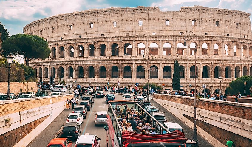 Bird's eye view of Roman road leading to Colosseum