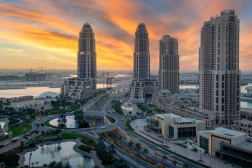 Aerial view of the Pearl Island in Qatar during sunset