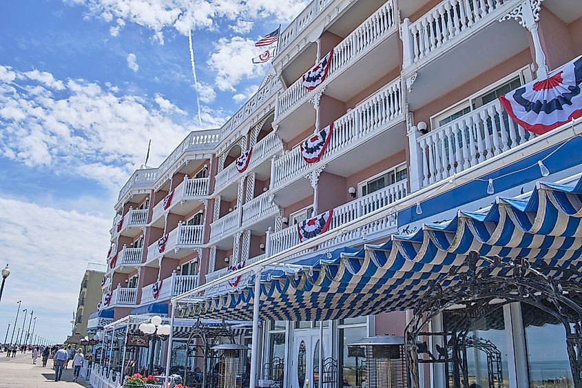A decorated hotel on the boardwalk of Rehoboth Beach.