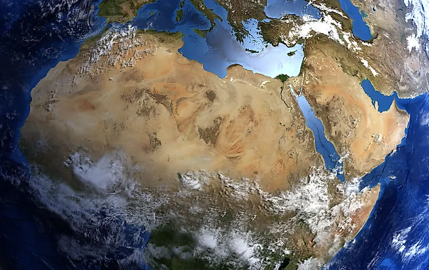 A satellite view of the vast Sahara Desert stretching across North Africa.