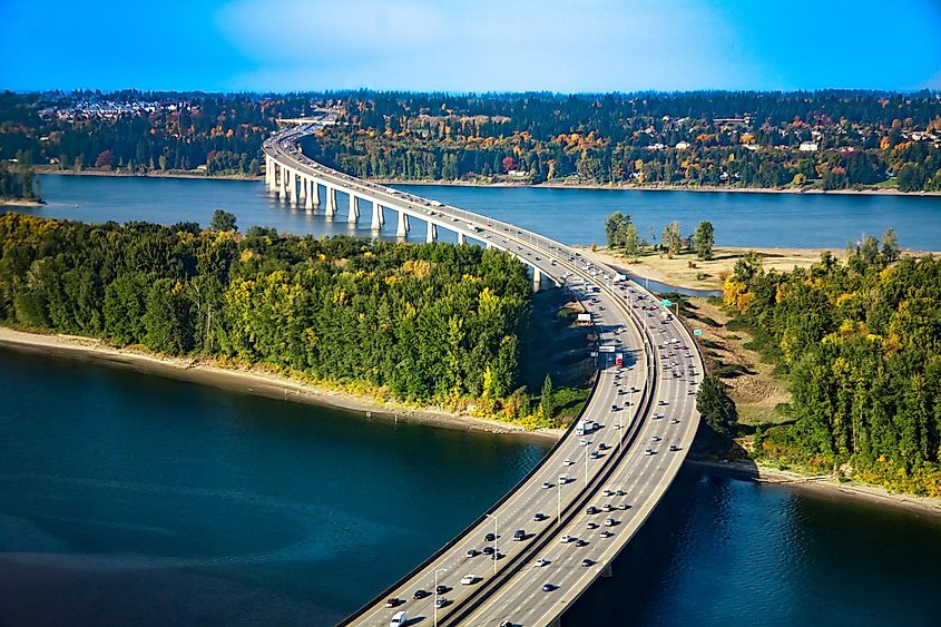 The Glenn L. Jackson Memorial Bridge, or I-205 bridge. It is a segmental bridge that spans the Columbia River between Vancouver, Washington and Portland, Oregon.