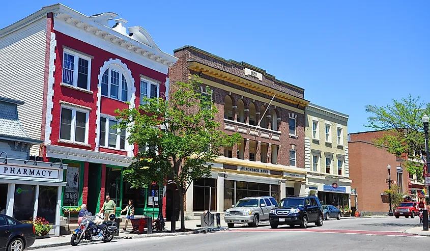 Main Street in village of Saranac Lake in Adirondack Mountains, New York.