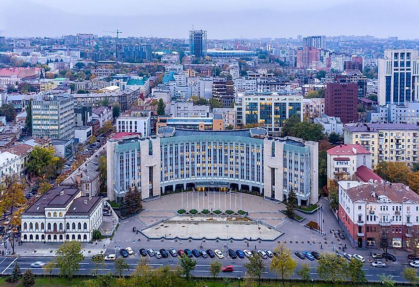 Aerial view of the city hall of the city of Dnipro, Ukraine. 