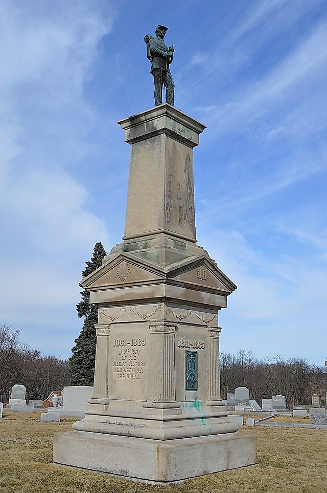 Civil War monument near the center of Rose Hill Cemetery in Bloomington, Indiana, United States, placed 1900.