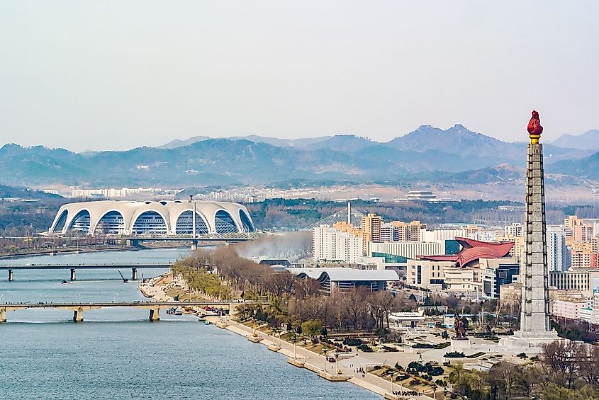 A view of the legendary stadium from downtown Pyongyang.