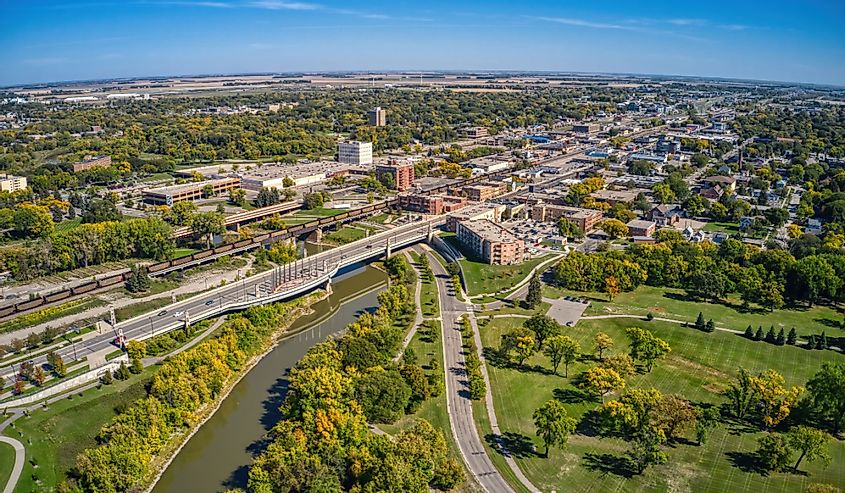 Aerial view of Moorhead, Minnesota on the Red River during Autumn