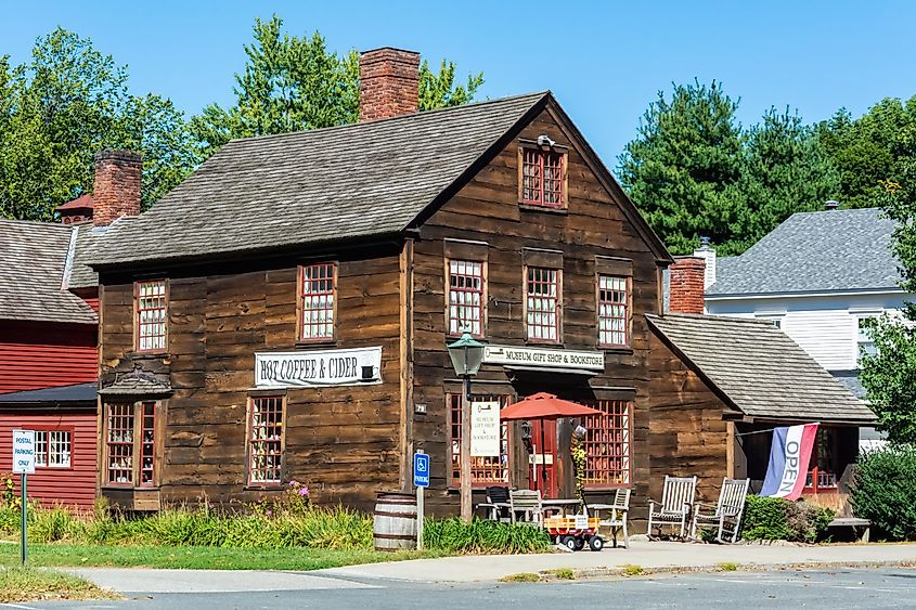 Historic timber building housing the Historic Deerfield Museum Gift Shop and Bookstore in Deerfield, Massachusetts.