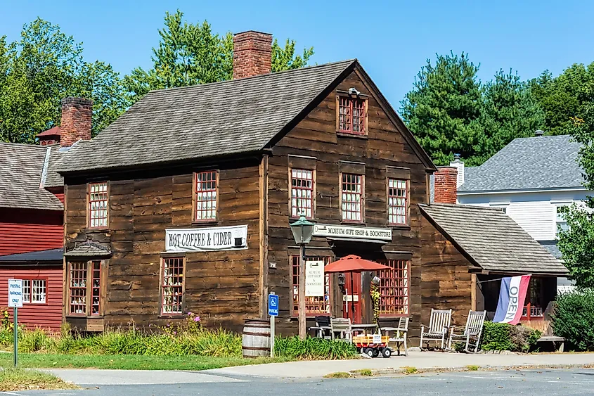 Historic timber building housing the Historic Deerfield Museum Gift Shop and Bookstore in Deerfield, Massachusetts.