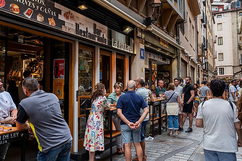 Locals and tourists eating and drinking on the famous Laurel Street, Logrono, Spain