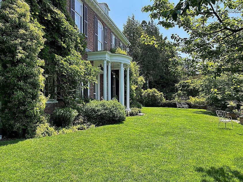 View of the rear facade and grounds of the Long Hill estate in Beverly, Massachusetts